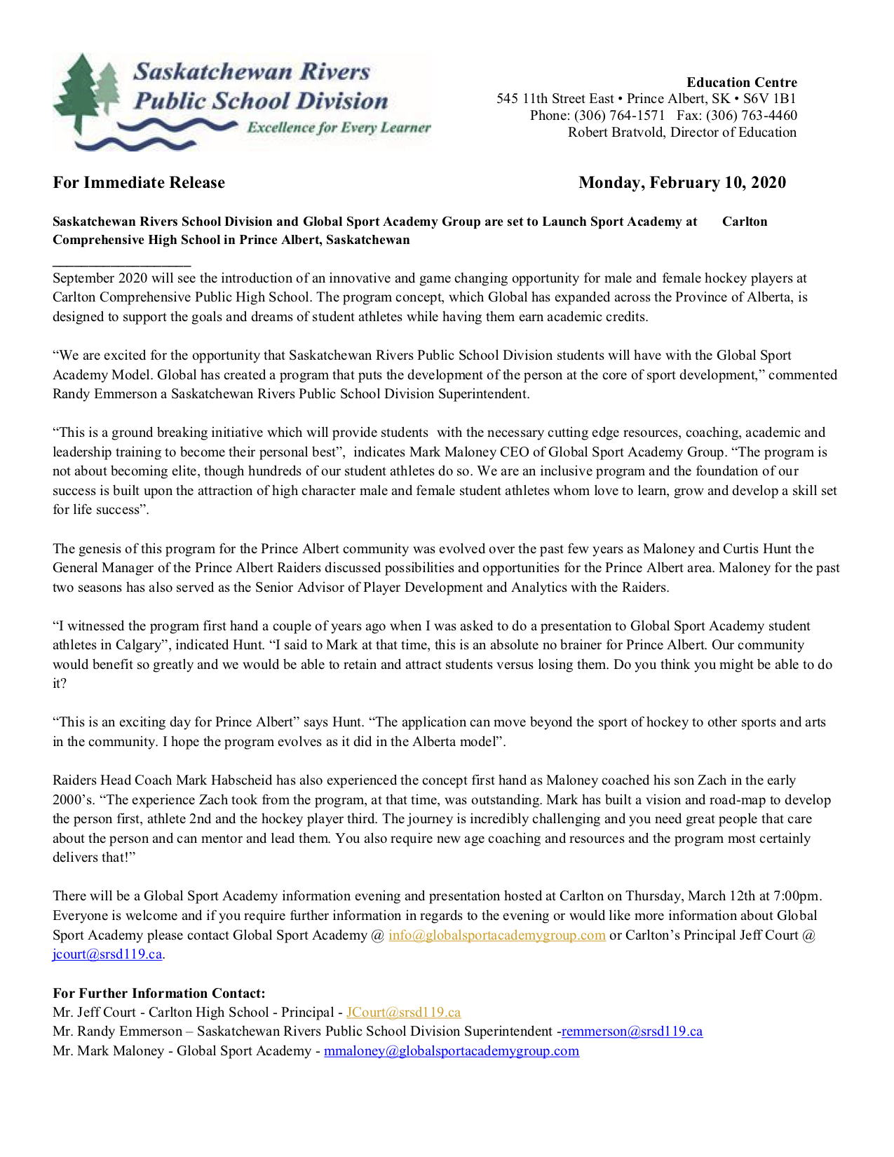 :News:Media Release Global Sport Academy and Saskatchewan Rivers Public School Division