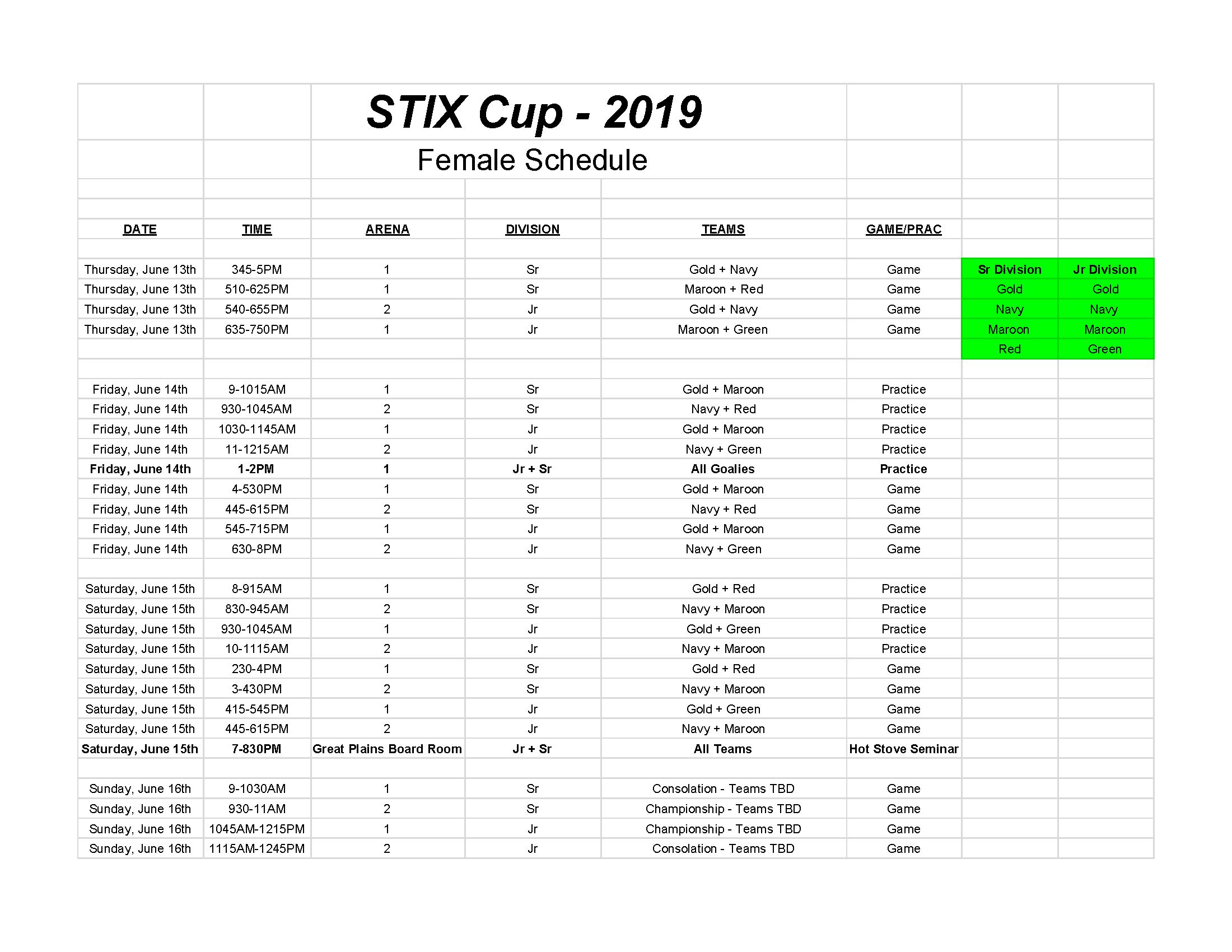 STIX Cup Schedule Females