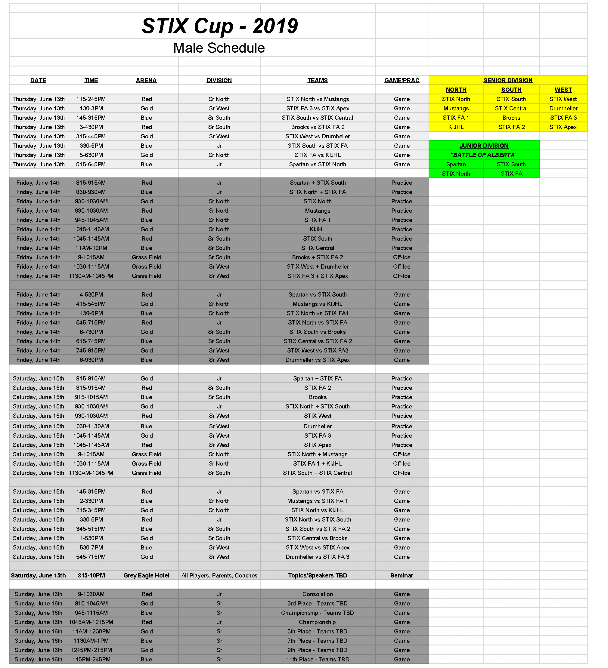 STIX Cup Schedule Males